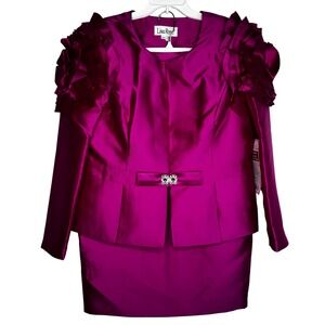 Lisa Rene Maximalist Magenta Pink Skirt Suit Set‎ Sz 18W Ruffled Shoulders 1980s